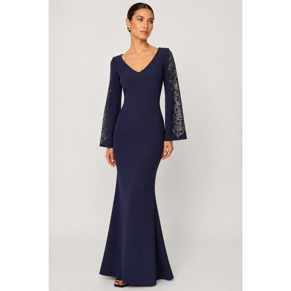 Chiara Boni‎ La Petite Robe Navy Blue Embroidered Sleeve V-Neck Gown IT 40
